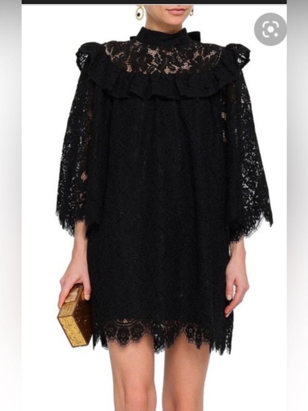 Perseverance London black lace ruffled mini dress.